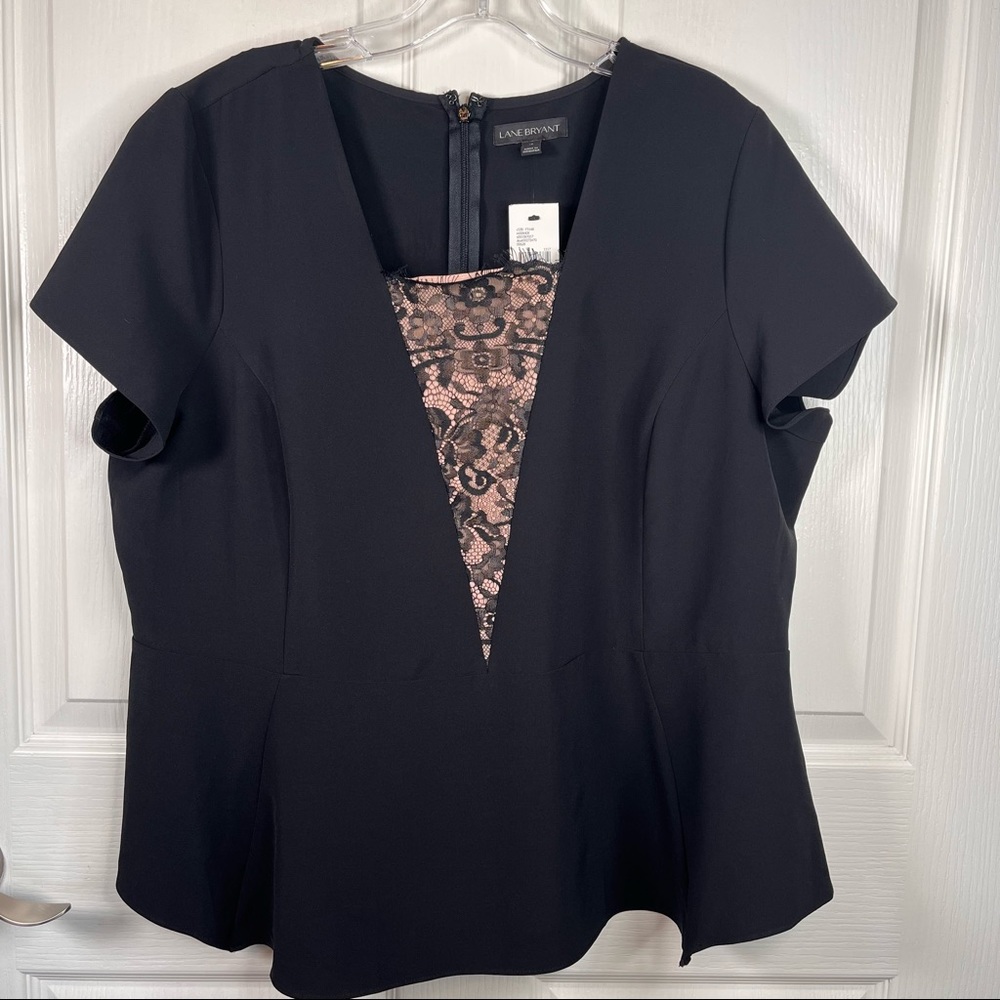 Lane Bryant Black Blouse Lace Vneck Front Sz 16 NWT